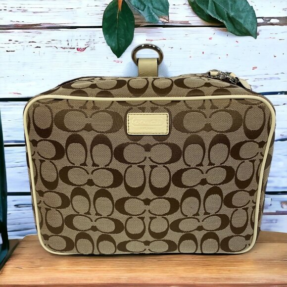 COACH Signature Cosmetics Toiletries Travel Bag Brown & Khaki Canvas & Leather - Picture 1 of 13